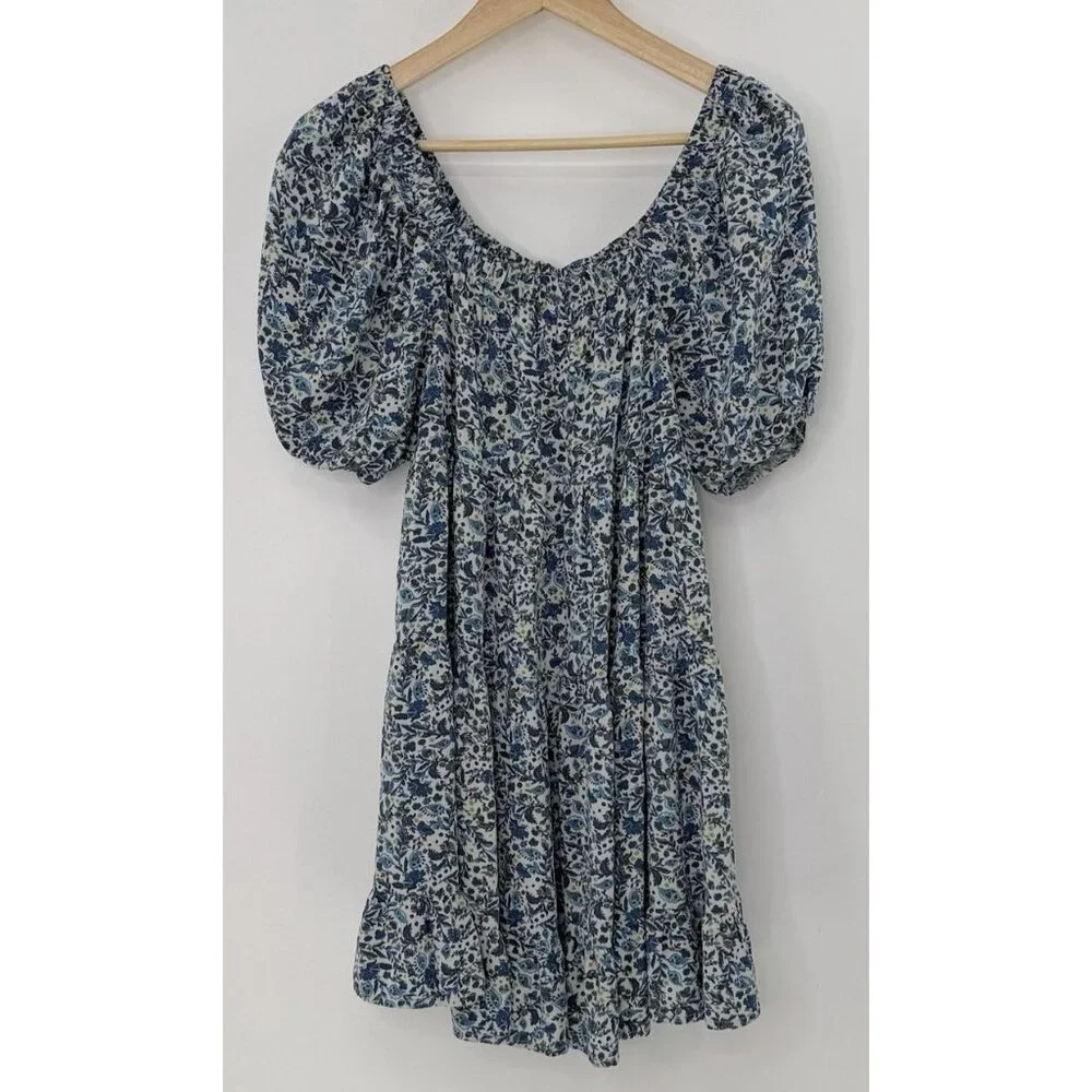 Wild Fable Off The Shoulder Floral Puff Sleeve Blue Mini Dress Sz S‎ Cottagecore - Picture 2 of 11
